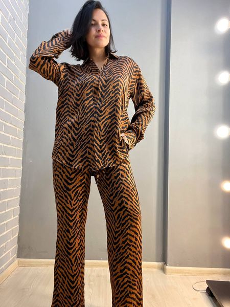 Костюм MIX RAY 4375 брюки палаццо з сорочкою леопард, оверсайз 100% віскоза Туреччина 4375-1 фото