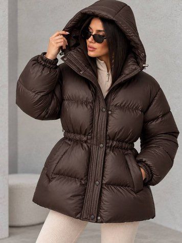 Куртка женская Lady Yep 30516 оверсайз пуффер с капюшоном и затяжкой на талии коричневая 30516 фото