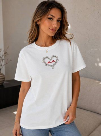 Женская футболка Anni 046 оверсайз базовая с вышивкой сердце в камнях one size 046 фото