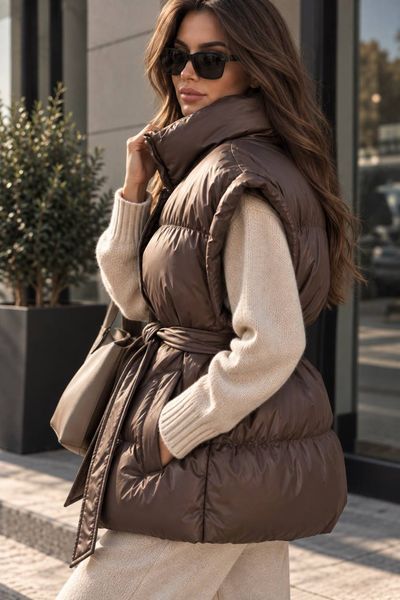 Жилетка женская Lady Yep 10012 удлиненная утепленная оверсайз с поясом коричневая 10012 фото