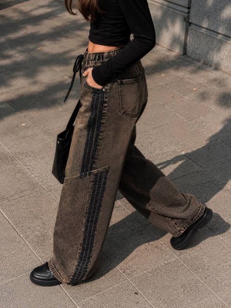 Джинси жіночі Liana A659 Baggy Mom широкі з лампасами на резинці великі розміри коричневі A659 фото
