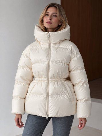 Куртка женская Lady Yep 30390 пуффер с капюшоном и затяжкой на талии молочная 30390 фото