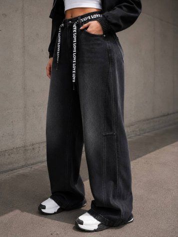 Джинсы женские Liana A660 Baggy Mom широкие с резинкой на талии и поясом батал черные A660 фото