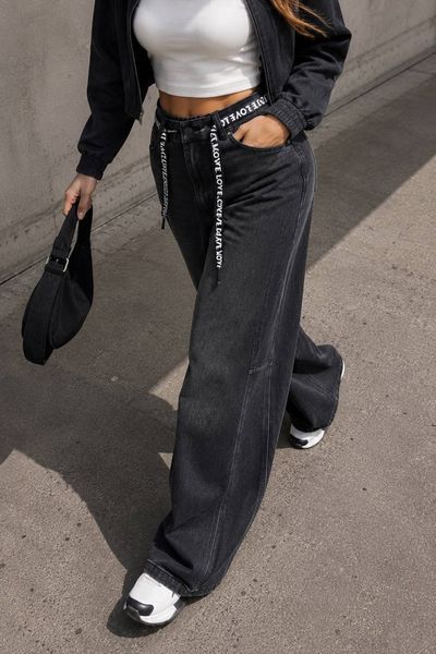 Джинсы женские Liana A660 Baggy Mom широкие с резинкой на талии и поясом батал черные A660 фото
