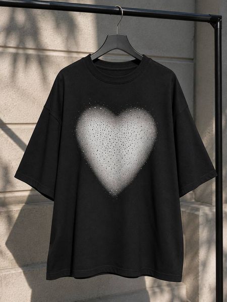 Футболка жіноча SHENG 6820 супер oversize широка з великим серцем із камінців one size чорна 6820 фото