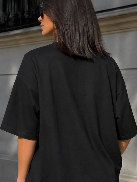 Футболка жіноча SHENG 6820 супер oversize широка з великим серцем із камінців one size чорна 6820 фото