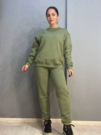 Костюм жіночий Pepper mint 24-13-14 простий брюки джоггери на резинці та світшот оверсайз утеплений фліс хакі 24-13-14 фото