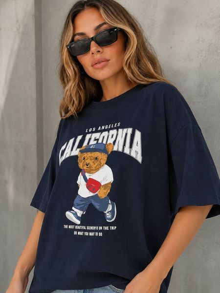 Футболка женская 25125 A-N оверсайз с принтом медвежонок надпись CALIFORNIA one size 25125 фото
