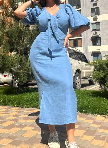 Сукня MIX RAY 4196 довге з розрізом, вузол на груді 100% льон Туреччина 4196-8 фото