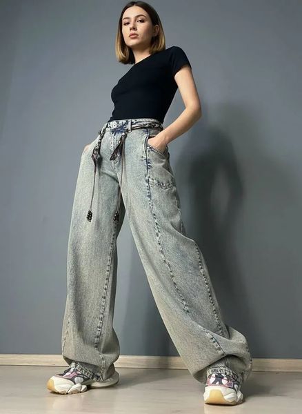 Джинсы женские Ijjass 6059 baggy супер широкие оверсайз с поясом винтажные голубые 6059 фото
