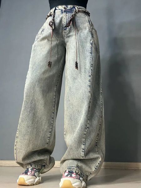 Джинсы женские Ijjass 6059 baggy супер широкие оверсайз с поясом винтажные голубые 6059 фото