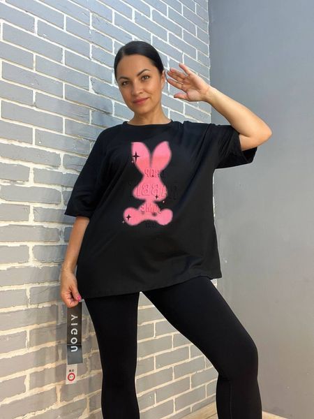 Футболка жіноча YIGOU 17 напис малюнок кролик RABBIT оверсайз подовжена one size 17 фото