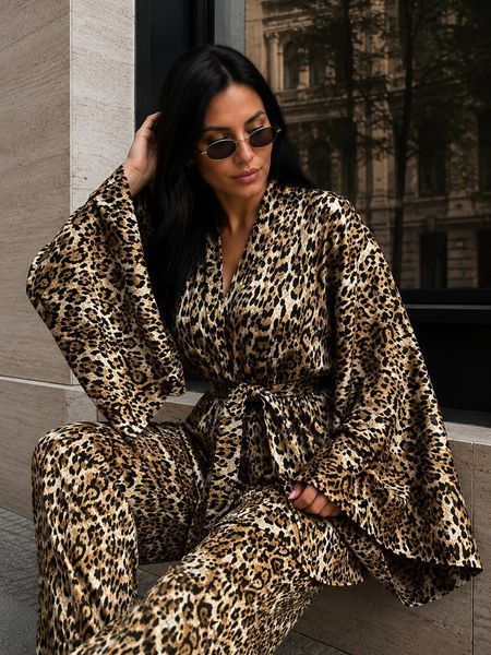 Костюм жіночий My fashion 1675 леопардовий кімоно з брюками палаццо one size коричневий 1675 фото