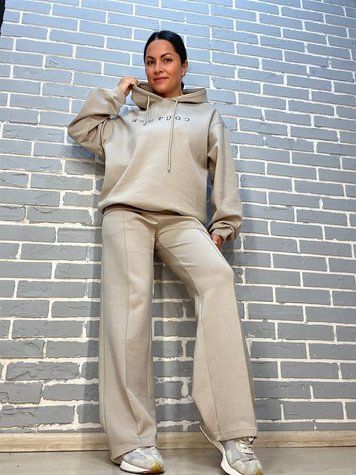 Костюм жіночій A-N 2742 худі з капюшоном брюки палацо вишивка на резинці зі швом - стрілкою бежевий 2742 фото