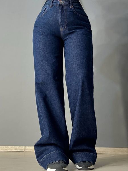 Джинси жіночі Mikaletta G-10 wide leg палаццо кльош з манжетом темно-сині G-10 фото